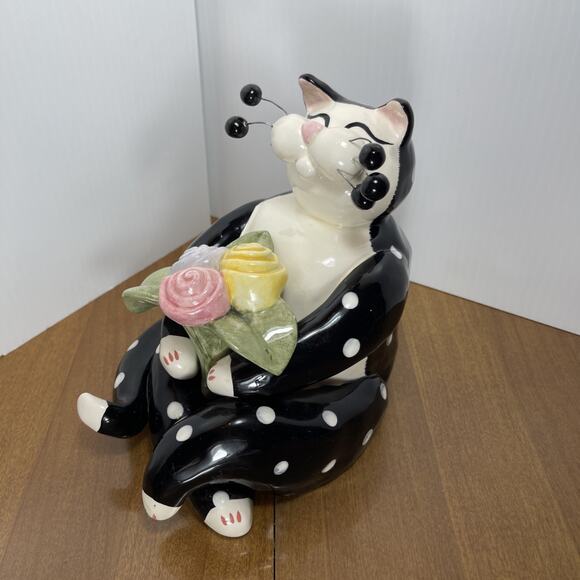 Vintage Amy Lacombe Cat Figurine Black White Polka Dot Flower 2001 Whimsiclay - Picture 6 of 10